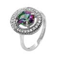 Кольцо из серебра с пл.кварцем цв.мистик и фианитами родированное