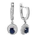 Серьги из серебра с сапфировым корундом и фианитами родированные