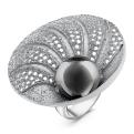 Кольцо из серебра с чёрным жемчугом Swarovski имит. родированное