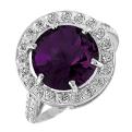 Кольцо из серебра с пл.кварцем цв.аметист и фианитами родированное