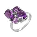 Кольцо из серебра с нат.аметистом и фианитами родированное