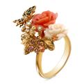 Кольцо из золочёного серебра с эмалью, имит.кораллом и фианитами