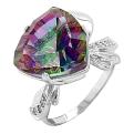 Кольцо из серебра с пл.кварцем цв.мистик и фианитами родированное