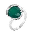 Кольцо из серебра с нат.зелёным агатом и фианитами родированное