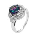 Кольцо из серебра с пл.кварцем цв.мистик и фианитами родированное