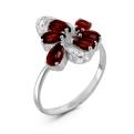 Кольцо из серебра с пл.кварцем цв.гранат и фианитами родированное