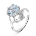Кольцо из серебра с пл.кварцем цв.голубой и фианитами родированное
