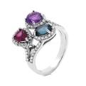 Кольцо из серебра с нат. лондон топазом, нат.аметистом, нат.родолитом и фианитами родированное