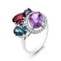 Кольцо из серебра с нат.топазом лондон блю,аметистом, родолитом, танзанитом и фианитами родированное