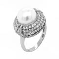 Кольцо из серебра с культ.жемчугом и фианитами родированное