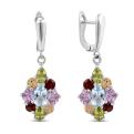Серьги из серебра с нат.топазом, аметистом, гранатом, цитрином и хризолитом родированные