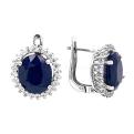 Серьги из серебра с сапфировым корундом и фианитами родированные
