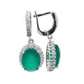 Серьги из серебра с нат.зелёным агатом и фианитами родированные