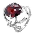 Кольцо из серебра с пл.кварцем цв.гранат и фианитами родированное