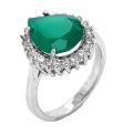 Кольцо из серебра с нат.зелёным агатом и фианитами родированное