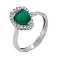 Кольцо из серебра с нат.зелёным агатом и фианитами родированное