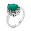 Кольцо из серебра с нат.зелёным агатом и фианитами родированное