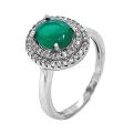 Кольцо из серебра с нат.зелёным агатом и фианитами родированное