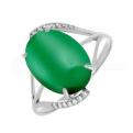 Кольцо из серебра с зеленым агатом и фианитами родированное