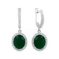 Серьги из серебра с нат.зеленым агатом и фианитами родированные