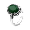 Кольцо из серебра с нат. зеленым агатом и фианитами родированное