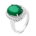Кольцо из серебра с нат.зелёным агатом и фианитами родированное