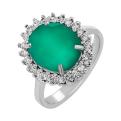 Кольцо из серебра с нат.зелёным агатом и фианитами родированное