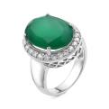 Кольцо из серебра с нат.зелёным агатом и фианитами родированное