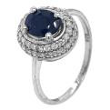Кольцо из серебра с сапфировым корундом и фианитами родированное