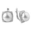 Серьги из серебра с жемчугом и фианитами родированные