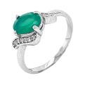 Кольцо из серебра с нат.зелёным агатом и фианитами родированное