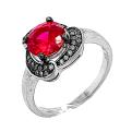 Кольцо из серебра с ситаллом цв.рубин и фианитами родированное