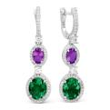 Серьги из серебра с пл.кварцем цв.зеленый, фиолетовый и фианитами родированные