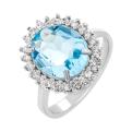 Кольцо из серебра с голубым топазом и фианитами родированное