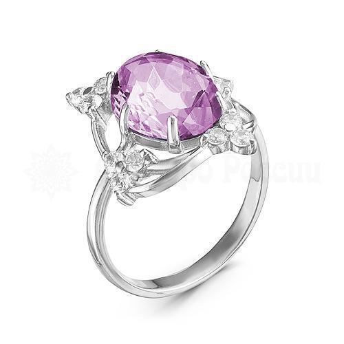 Кольцо из серебра с пл.кварцем цв.аметист и фианитами родированное