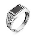 Кольцо-печатка из черненого серебра с ониксом и фианитами - Спаси и сохрани