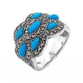 Кольцо из серебра с марказитами и синт.бирюзой родированное