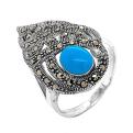 Кольцо из серебра с марказитами и синт.бирюзой родированное