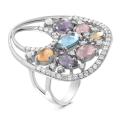 Кольцо из серебра с пл.кварцем цв.микс и фианитами родированное