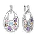 Серьги из серебра с пл.кварцем цв.микс и фианитами родированные