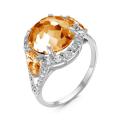 Кольцо из серебра с пл.кварцем цв.цитрин и фианитами родированное
