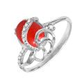 Кольцо из серебра с рек.кораллом и фианитами родированное