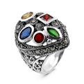 Кольцо из серебра с пл.кварцем цв. гранат,сапфир,хризолит, цитрин и марказитами родированное