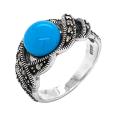 Кольцо из серебра с марказитами и бирюзой родированные