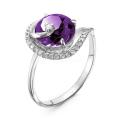 Кольцо из серебра с пл.кварцем цв.аметист и фианитами родированное