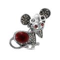 Брошь из чернёного серебра с сердоликом, фианитами и марказитами - Мышь