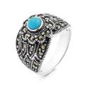 Кольцо из чернёного серебра с синт.бирюзой и марказитами