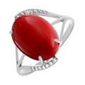 Кольцо из серебра с рек.кораллом и фианитами родированное