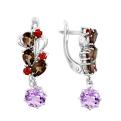 Серьги из серебра с пл.кварцем цв.аметист, гранат и раухтопаз родированные