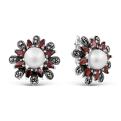 Серьги из чернёного серебра с культ.жемчугом и пл.кварцем цв.гранат  